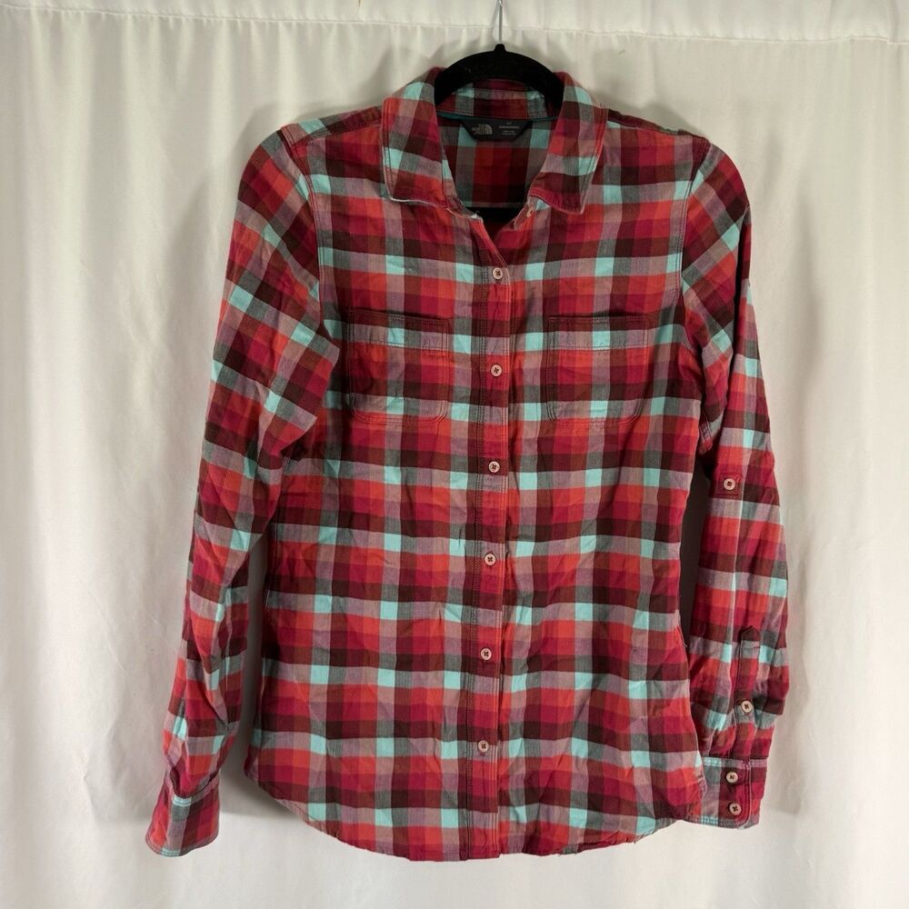 North Face Blouse Women's Small Red Plaid Long Sleeve Button Up 100% Cotton